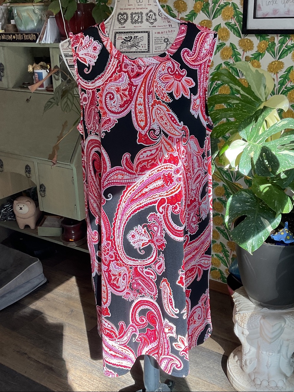 Apt. 9 Black Midi Dress with Red and Pink Paisley Print